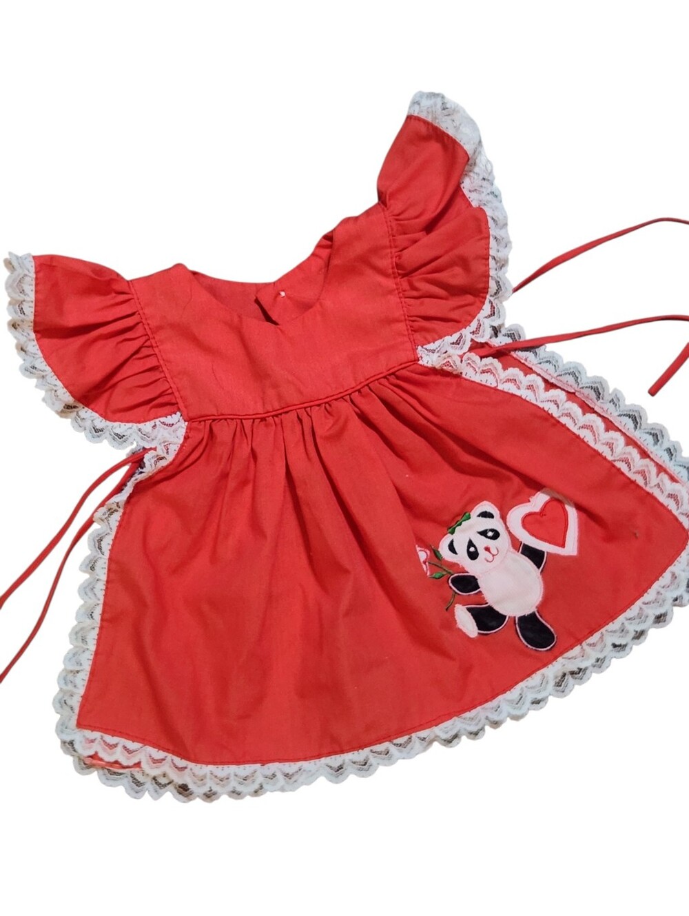 Vintage Little Girl Pinafore Dress Overlay 2 3 Red with Lace Embroidered Panda